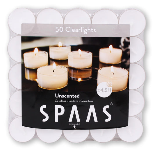 Tea-lights 8x50 Pk. 4.5 hr.clear sp